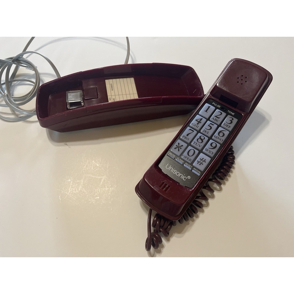 Title: Vintage Unisonic Burgundy Corded Landline Phone Retro Desk Telephone